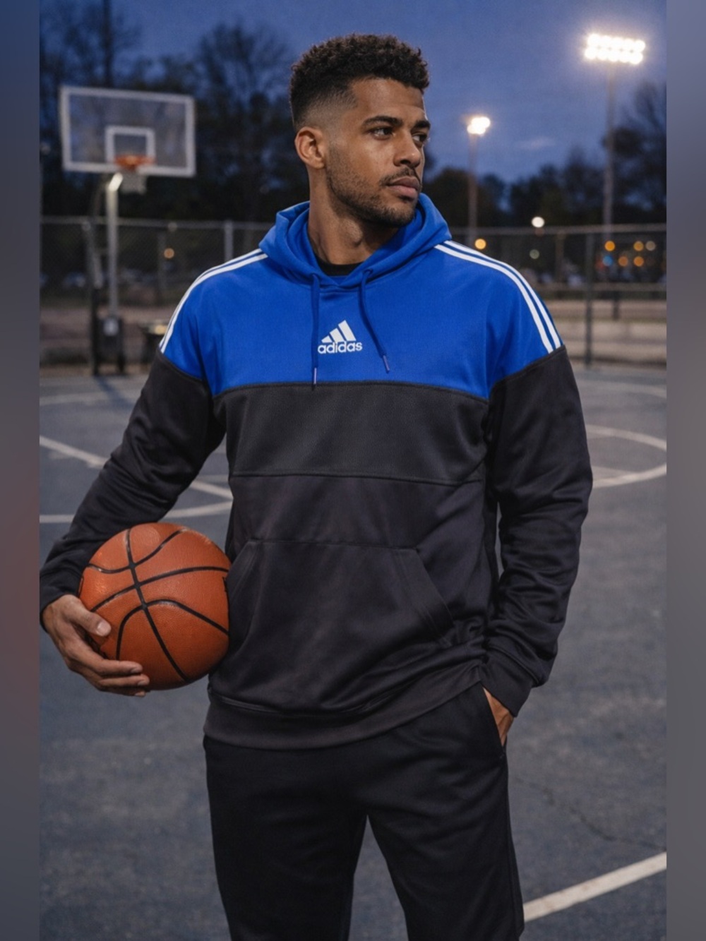 Adidas Blue Black Colorblock Hoodie Medium 3 Stripe Athletic Pullover
